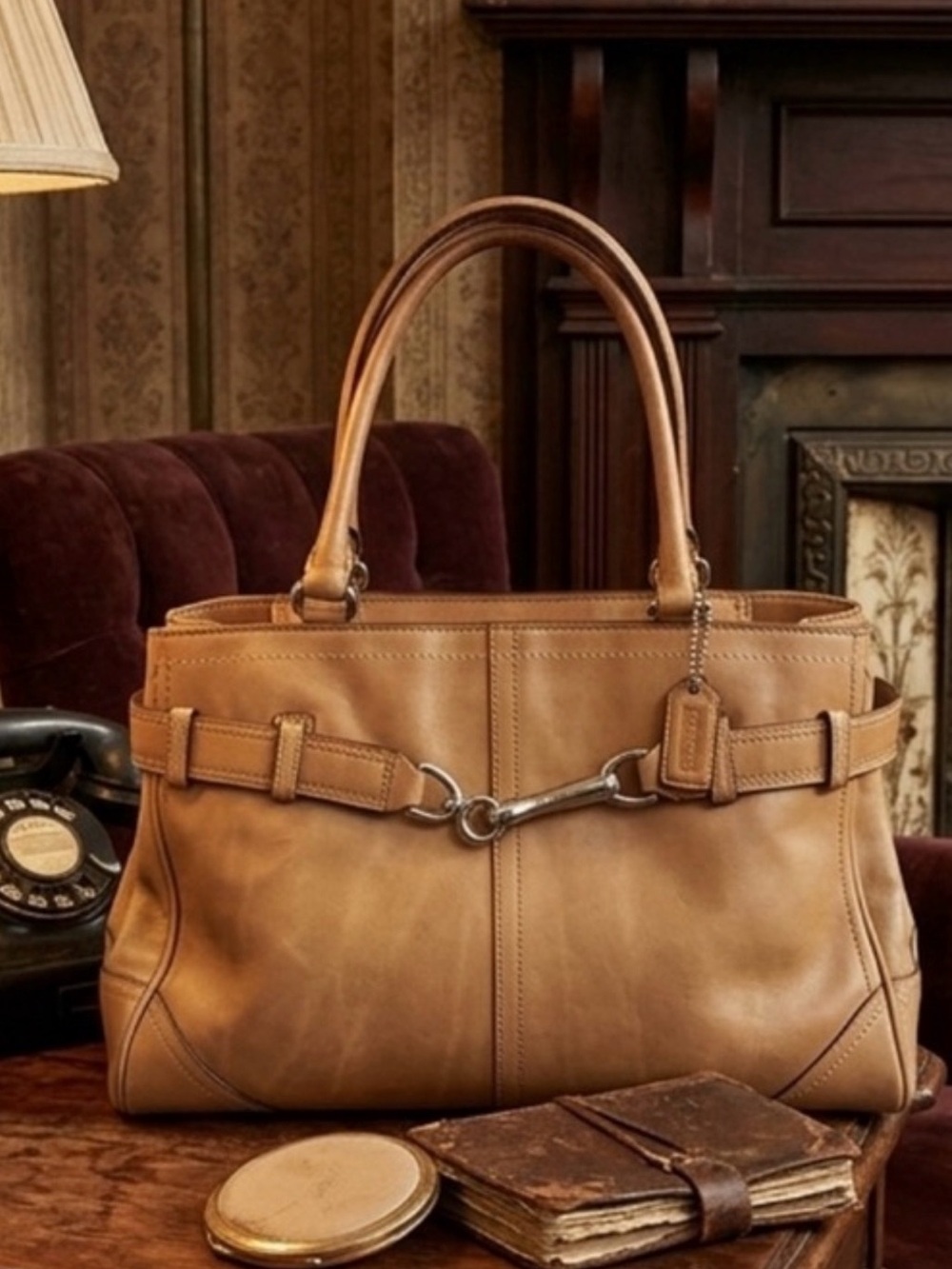 Coach Tan Leather Shoulder Bag with Silver-Tone Bit